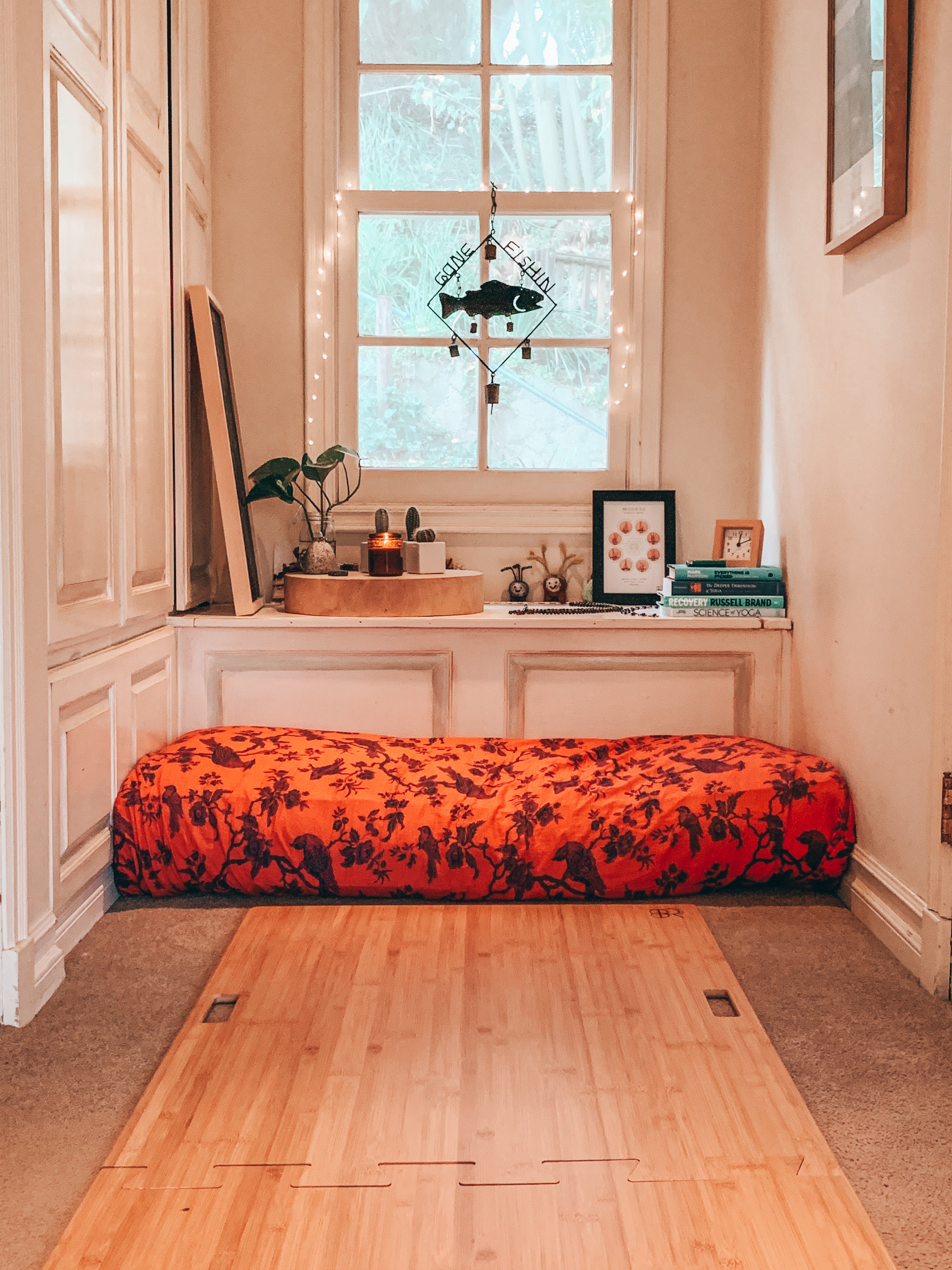 My little yoga at home sanctuary. The Root Board, my yoga mat, block, strap and several things that make me feel joy